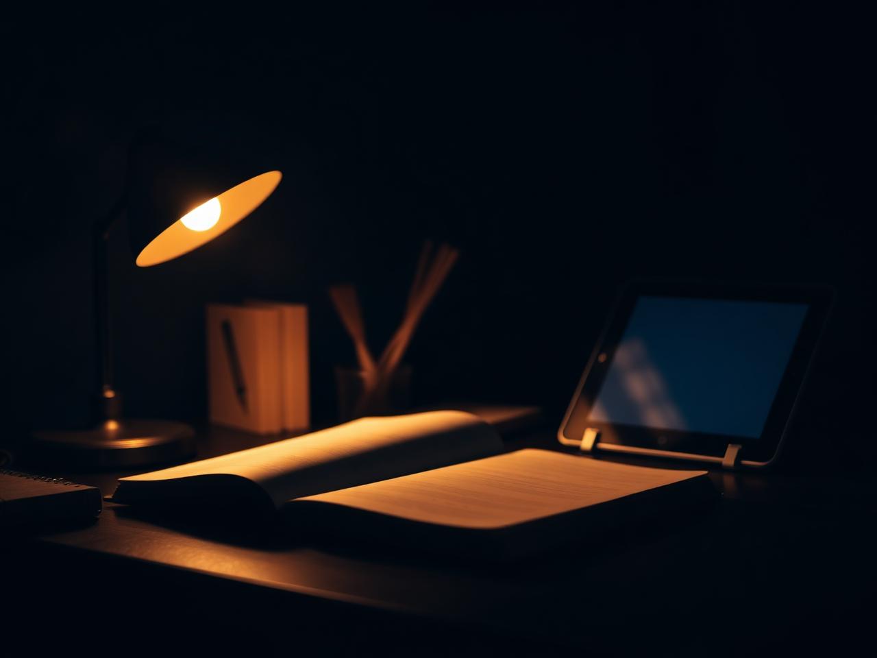 Night study desk with an open book, notebook and a glowing tablet